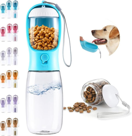 Dog Water Bottle, 2 in 1, Leak Proof Portable Pet Water Bottle with Food Container, Outdoor Portable Water Dispenser for Dog, Puppy Supply for Walking, Hiking, Camping, Travel (19Oz Blue)