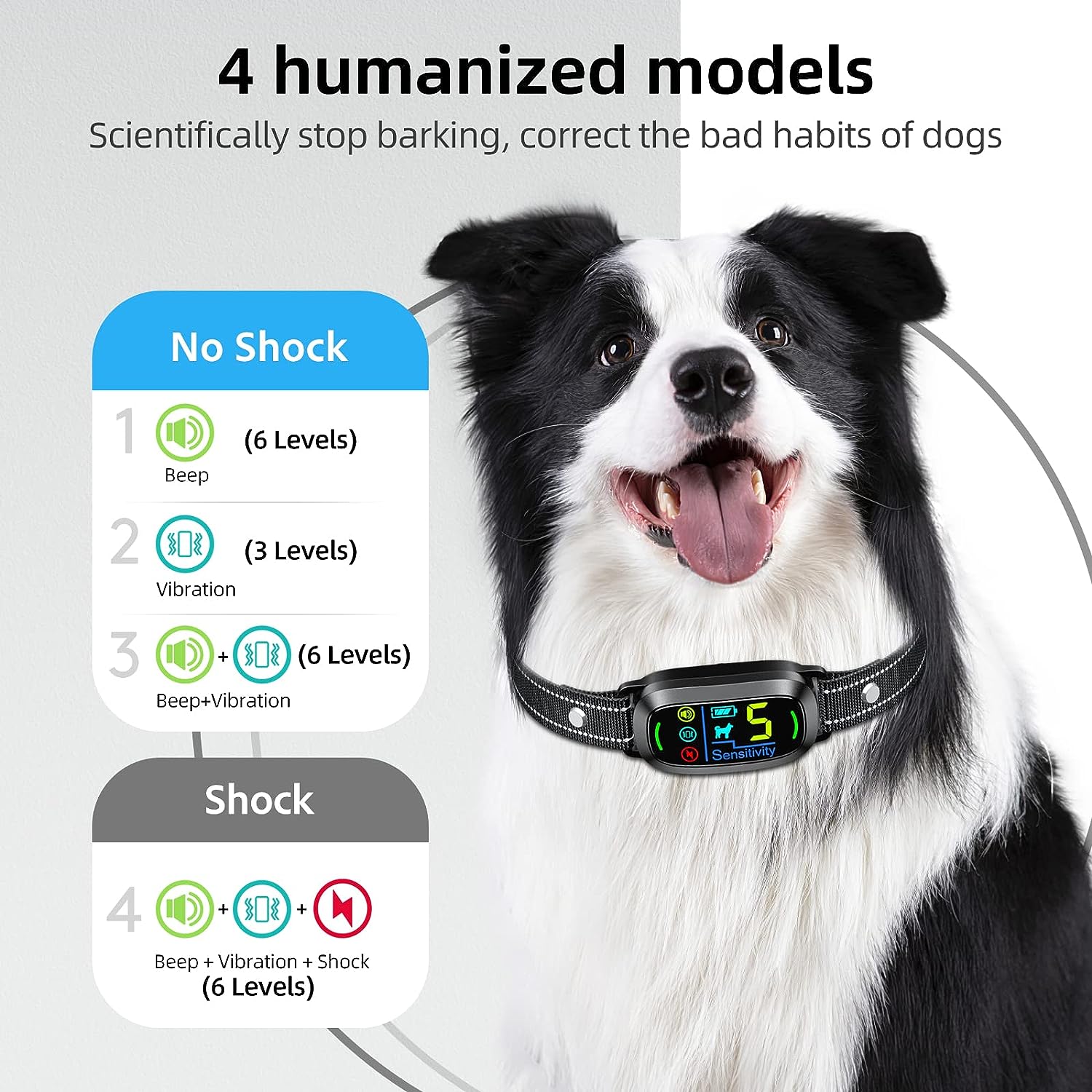 Dog Bark Collar,  Rechargeable Smart Collar, anti Barking Training Collar with 5 Adjustable Sensitivity Beep Vibration Shock