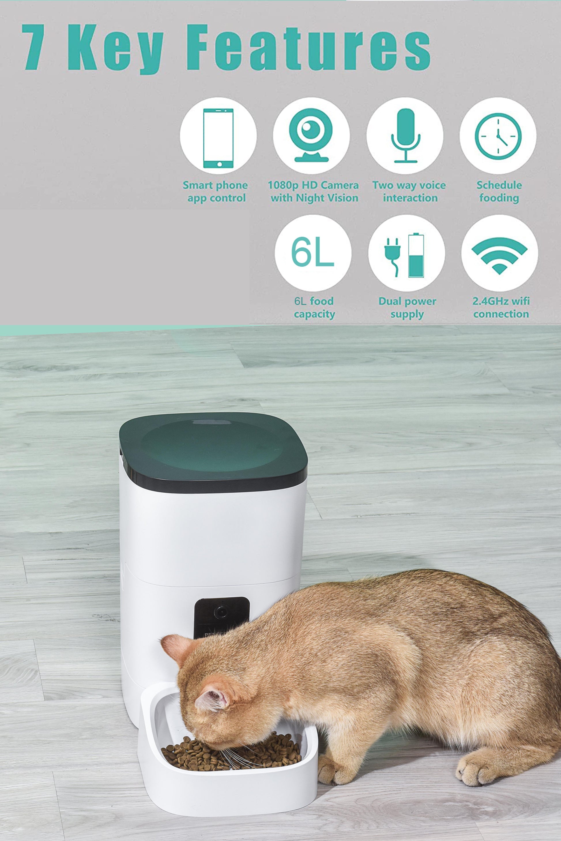 6L Automatic Pet Feeder, With 1080P Camera, App Control,Voice Recorder,Schedule Time Feeding 