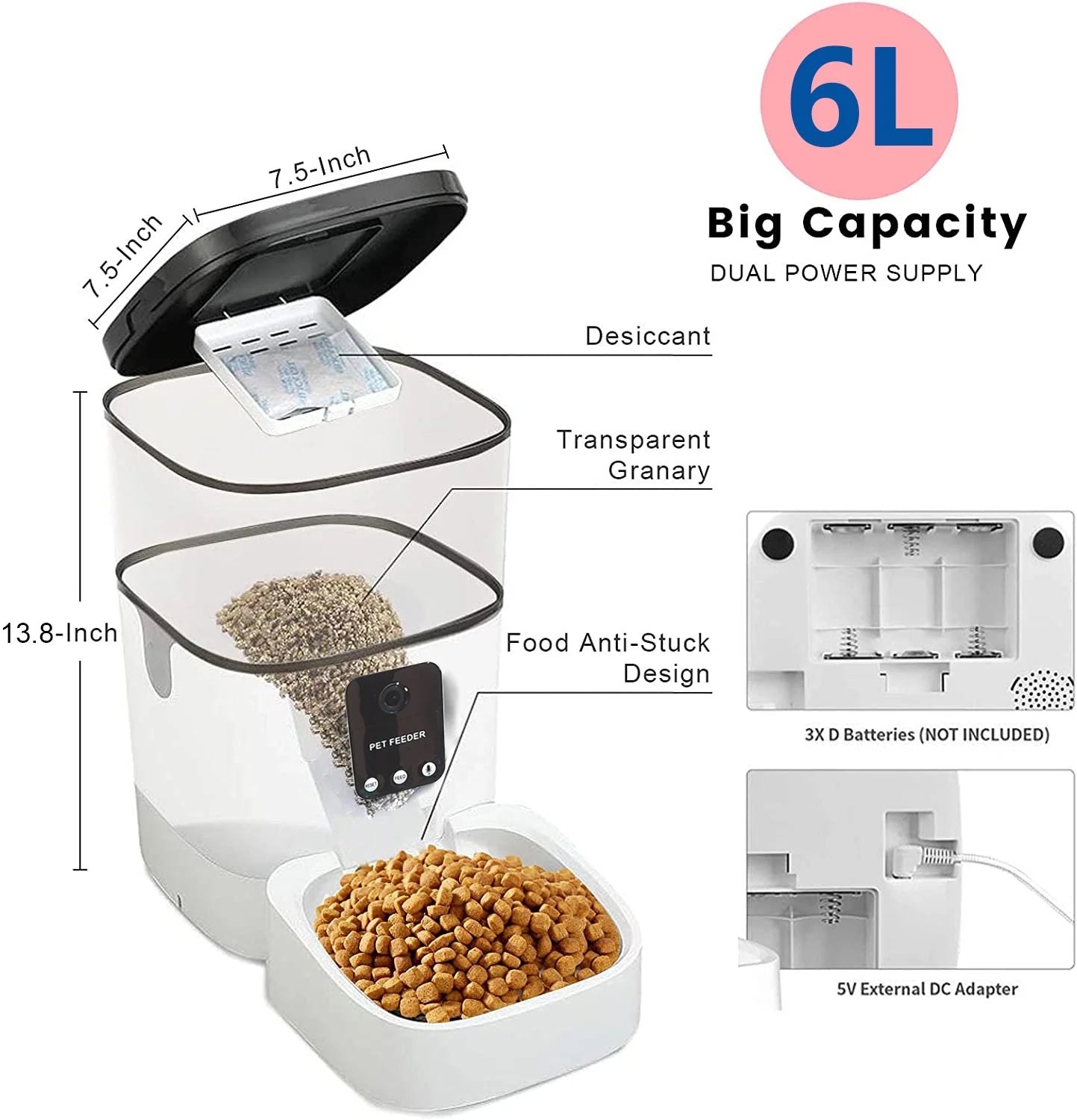 6L Automatic Pet Feeder, With 1080P Camera, App Control,Voice Recorder,Schedule Time Feeding 