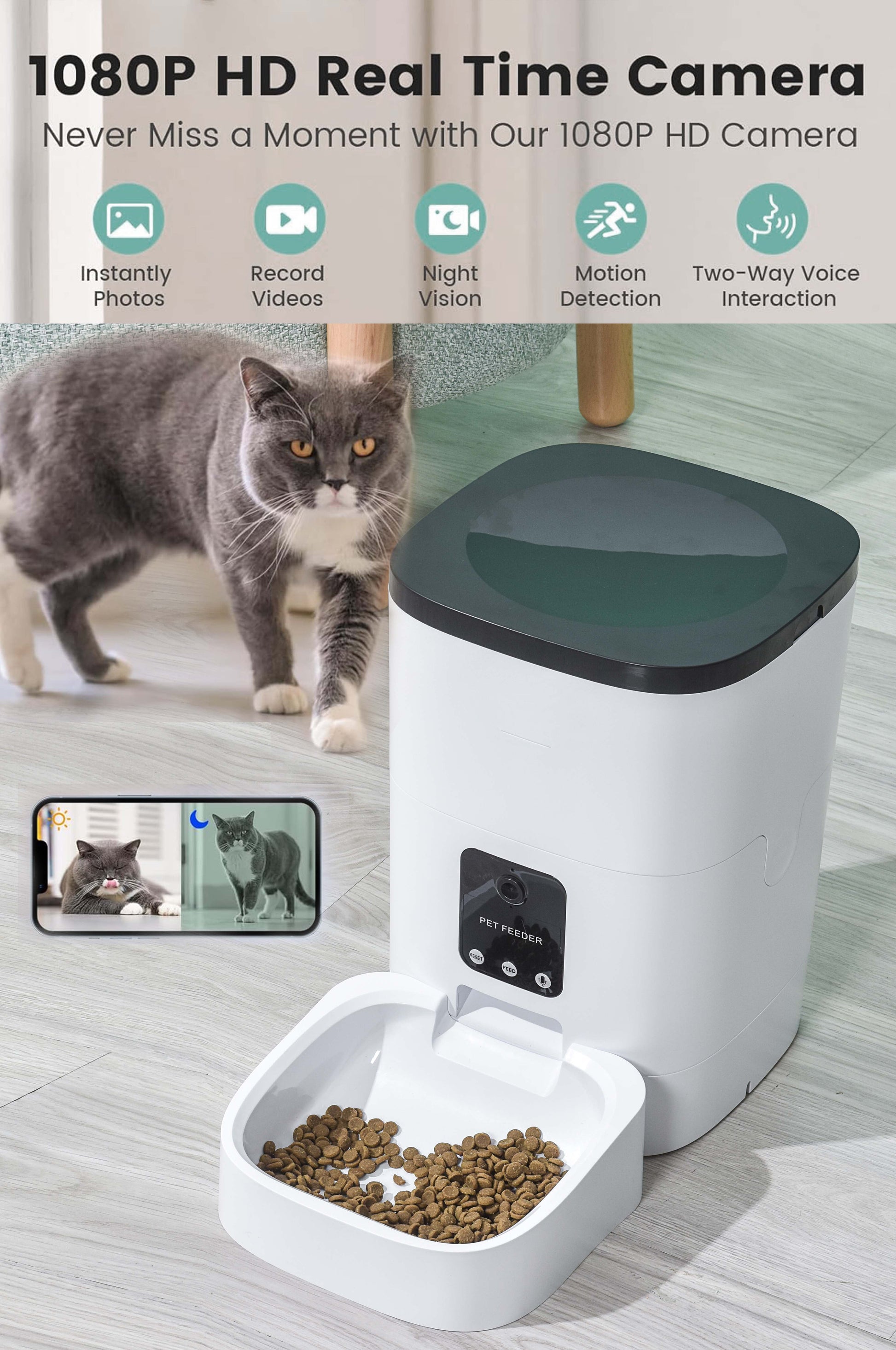 6L Automatic Pet Feeder, With 1080P Camera, App Control,Voice Recorder,Schedule Time Feeding 